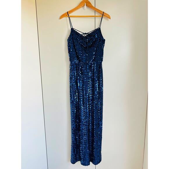 Vintage 80s Full Sequin Gown Size Medium Blue Full Length Fitted Party Made USA - Picture 2 of 9